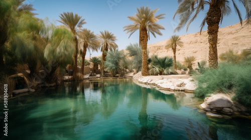 An oasis in the middle of the desert with palm trees Generative AI © Wagner