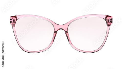 Sunglasses isolated on white background. Mockup sunglasses front view closeup design for applying on a portrait. Pink plastic glasses shape cat eye. Fashionable modern vintage accessory eyewear in