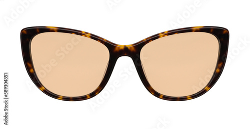 Sunglasses isolated on white background. Mockup sunglasses front view closeup design for applying on a portrait. Leopard glasses shape cat eye. Fashionable modern vintage accessory eyewear in retro