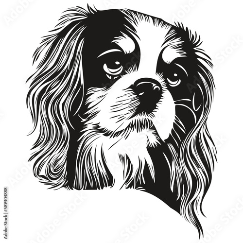 Cavalier King Charles Spaniels dog black and white vector logo, line art hand drawn vector pets illustration