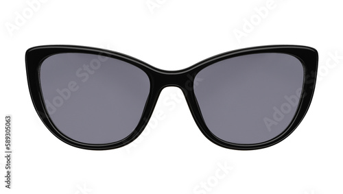 Sunglasses isolated on white background. Mockup sunglasses front view closeup design for applying on a portrait. Black glasses shape cat eye. Fashionable modern vintage accessory eyewear in retro