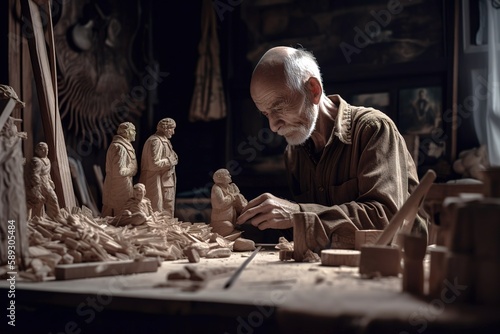 Artisan working on wood craving new statues in his workshop. Generative AI