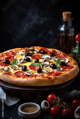 Capricciosa Italian pizza with mushroom, black olives and basil. Close up gourmet food photography. Generative AI Vertical shot