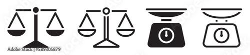Set of scales icons. Scales of justice symbols. Law judgment punishment signs. Law scale icon, libra vector.