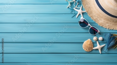 beach items, sun glasses, coral, sea shells on a blue planks, Generative AI