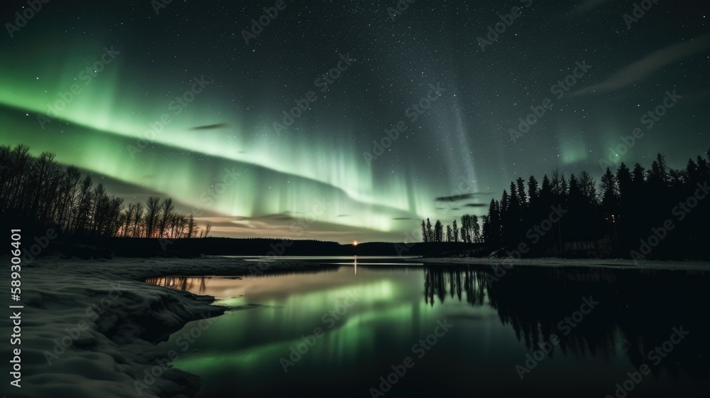 Northern lights over a lake, Generative AI