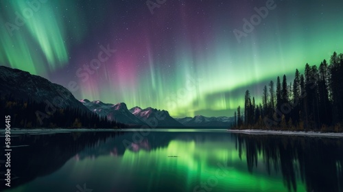 Northern lights  landscape with lake and mountains  Generative AI