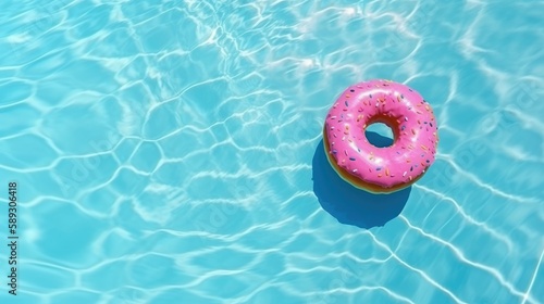 Pink donut in the pool. Idyllic Summer holiday. High angle. Drone shoot. Aerial. Generative AI 