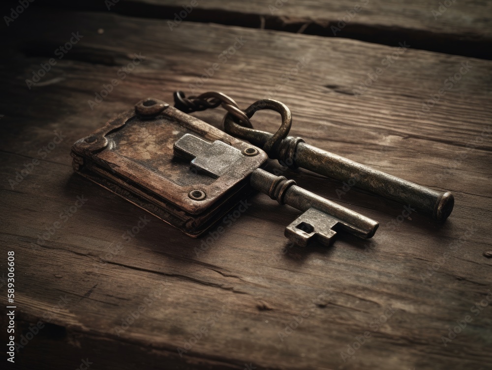 A weathered, rusted key on a wooden table A weathered, rusted key on a wooden table