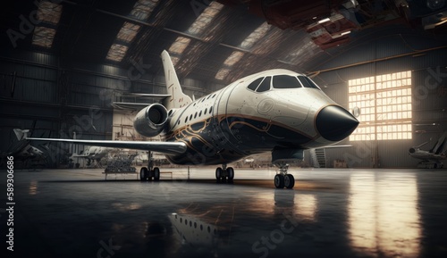 Private airplain jet standing in a hangar, generative AI