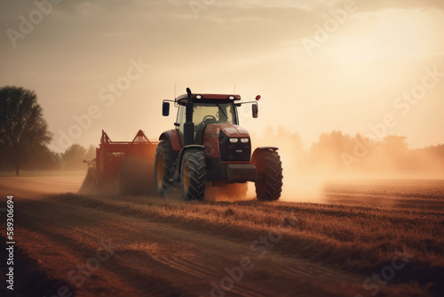 Striking Tractor in Action on Dusty Field at Sunset