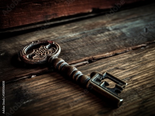 A weathered, rusted key on a wooden table
