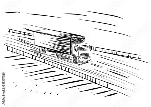 One line drawing of modern big trailer truck with container. Courier cargo delivering vehicle transportation concept. 