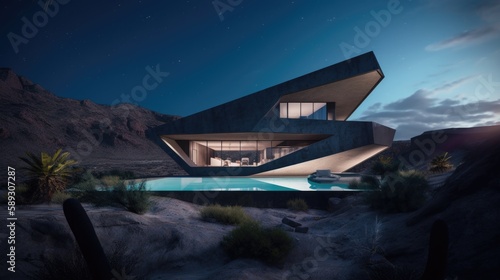 Architectural concept of a futuristic villa in a desert