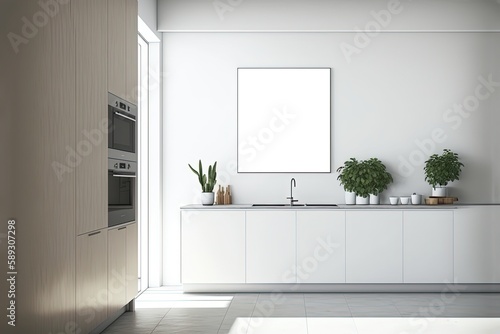 illustration of mock-up wall decor frame is hanging in minimal style kitchen, Generative Ai