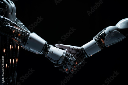 handshake between two robot, artificial intelligence, white robot, black background