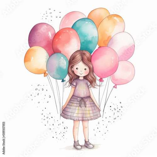 Girl with balloons illustration. Illustration AI Generative