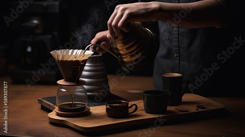 Gemahlener Kaffee wird von Hand aufgebrüht (Generative AI)