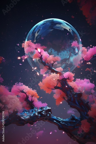 Japanese Japan Asian Cherry Blossom Water Drops Abstract Moonshine Moon Flowers Tree Ast Cherry Tree Generative AI