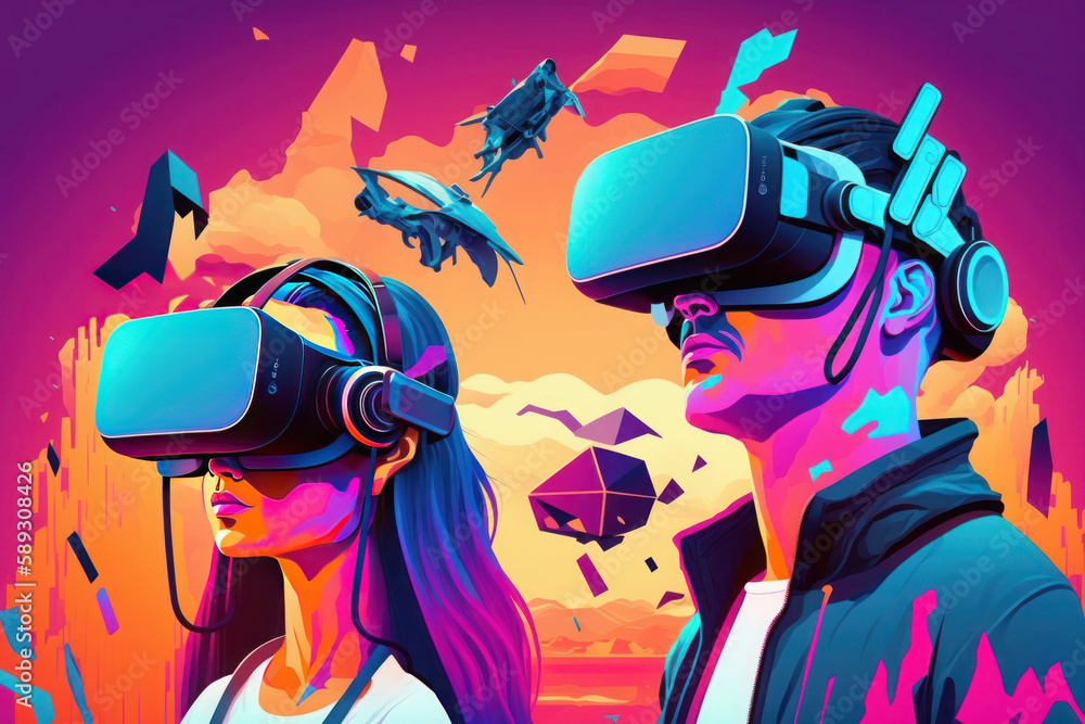 The digital community, cryptocurrency, and entertainment metaverse concept come to life as a male enjoys playing a game with VR virtual reality goggles in a 3D cyberspace environment, against a backdr