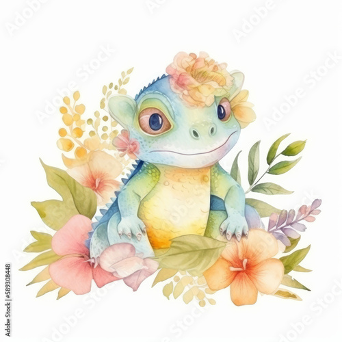 Cute watercolor iguana. Illustration Generative AI © olegganko