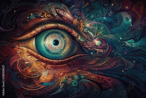 Eye of the Universe. Psychedelic very colorful art. Generative ai illustration. © maaramore©	