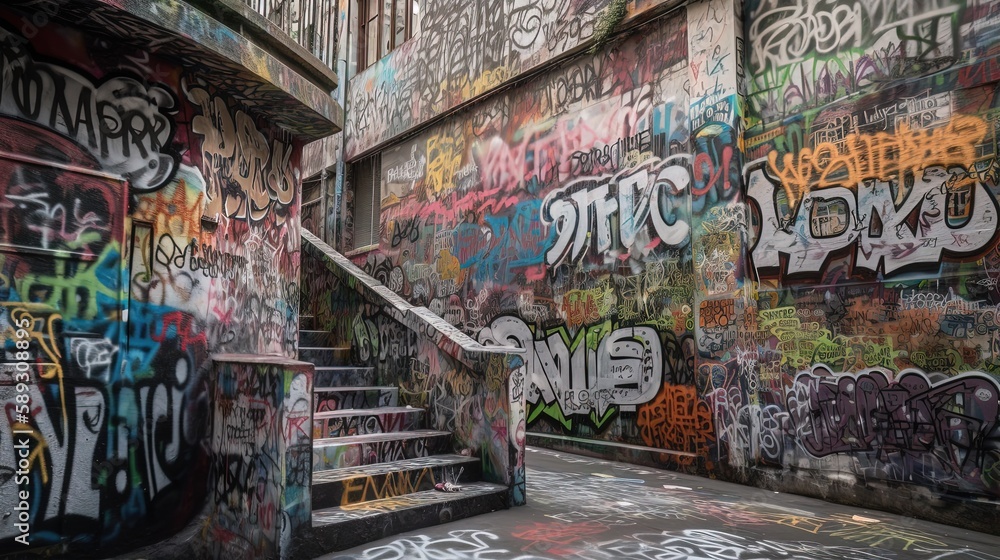 ally way path in urban city full of graffiti messy doodle art on wall, Generative Ai