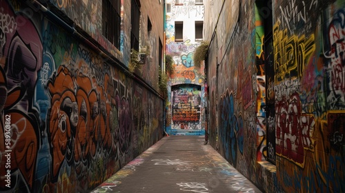 ally way path in urban city full of graffiti messy doodle art on wall, Generative Ai © QuietWord