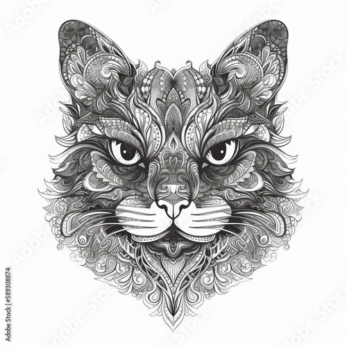 Cat head in mandala style. Illustration AI Generative.