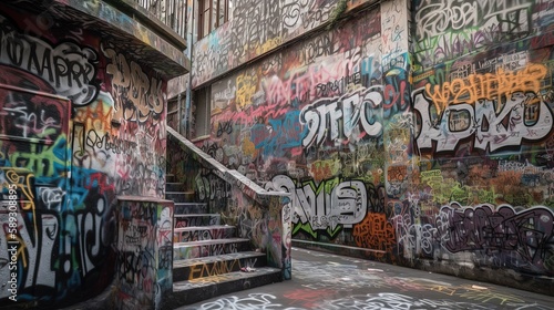 ally way path in urban city full of graffiti messy doodle art on wall  Generative Ai