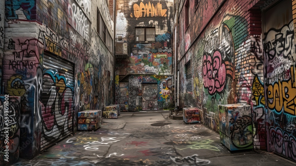 Fototapeta premium ally way path in urban city full of graffiti messy doodle art on wall, Generative Ai