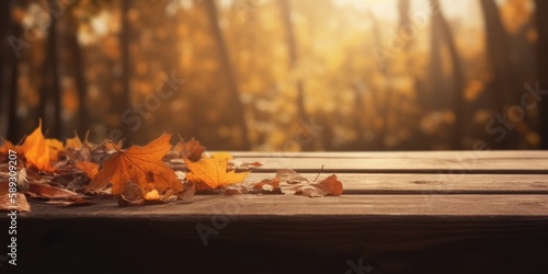 Autumn Table with orange leaves and rustic wooden plank. Generative AI