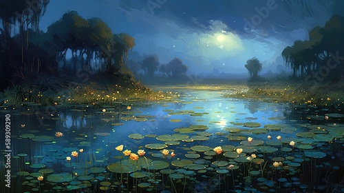 illustration painting style of beautiful tranquil lotus pond, Generative Ai © QuietWord