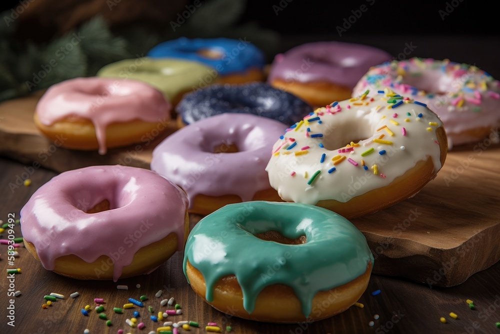 Colorful Donuts Served on a Table Generative AI Colorful Donuts Served on a Table Generative AI