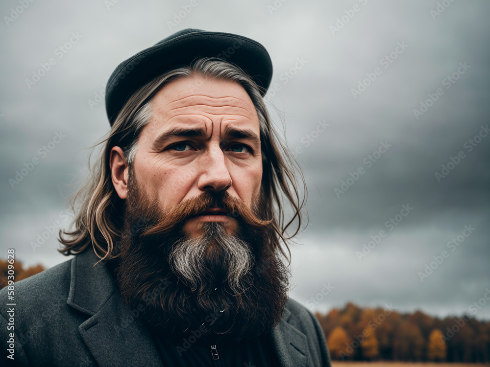 Dramatic portrait of a man, late autumn season, wild landscape as background, dark sky with storm clouds. Generative AI. Dramatic portrait of a man, late autumn season, wild landscape as background, dark sky with storm clouds. Generative AI.