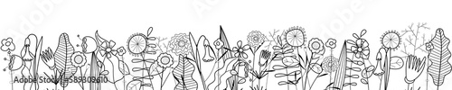 Flowers outline on white background. Hand drawn sketch wild blooms and herbs border. Delicate meadow linear flowers. Botanical abstracts frame base. Horizontal vector eps banner