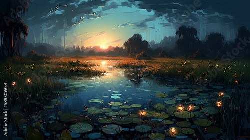 illustration painting style of beautiful tranquil lotus pond, Generative Ai © QuietWord