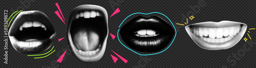 Collage element with mouth with tongue and doodle element. Vintage vector set. Retro halftone effect.