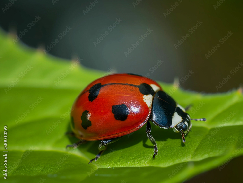Close-up of ladybug on green leaf. Wildlife. Generative Ai Close-up of ladybug on green leaf. Wildlife. Generative Ai