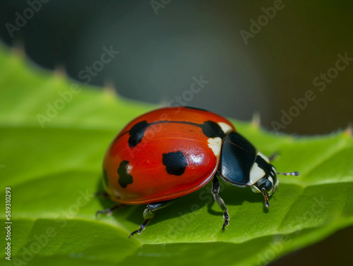 Close-up of ladybug on green leaf. Wildlife. Generative Ai
