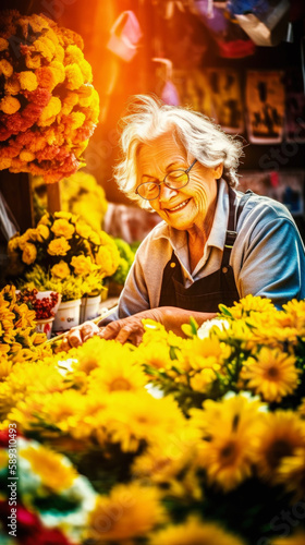 A delightful old lady with a smile , working as a florist, exudes joy as she nurtures her vivid summer blossoms in the heart of a bright, sunny day. Generative AI 