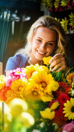 A beautiful young florist woman, with sunglasses and a smile, radiates joy as she tenderly cares for her colorful summer flowers on a bright, sunny day. Generative AI