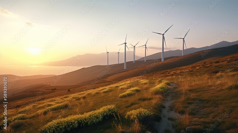 A Clean and Renewable Future: Wind Turbines at Sunset in a Mountainous Field, Generative AI