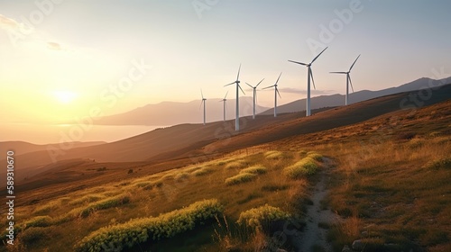 A Clean and Renewable Future: Wind Turbines at Sunset in a Mountainous Field, Generative AI © AIGen