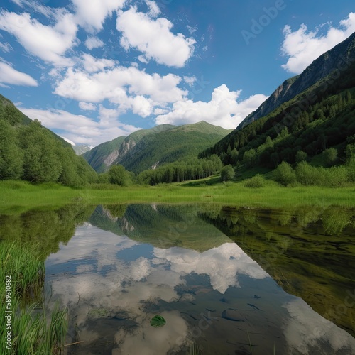 A Mirror Image of Nature's Paradise: Stunning Landscape in a Valley by a Lake and Mountains on a Summer Day: Generative AI