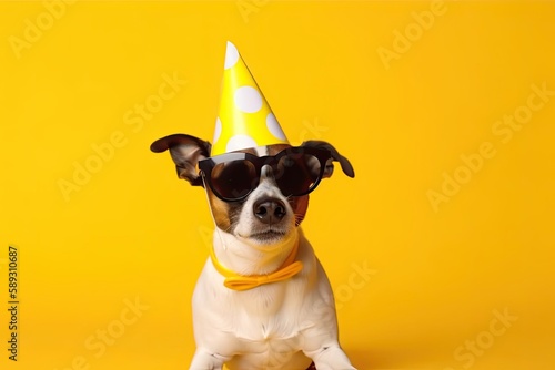 Adorable Canino In Festive Party Hat & Sunglasses: Celebrating the Happy Anniversary on Yellow Background, Generative AI