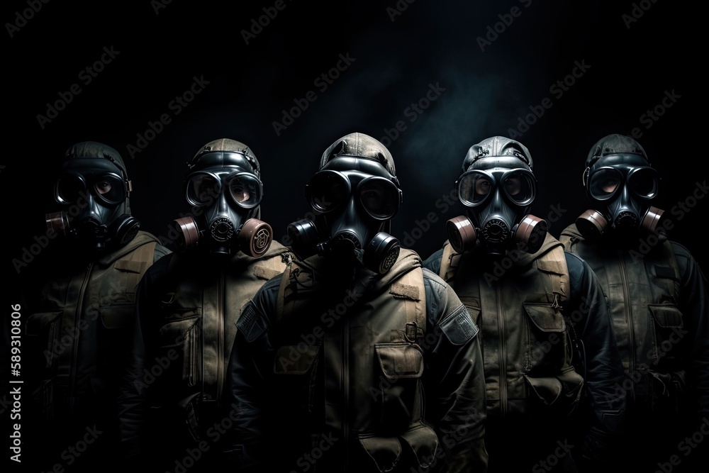 Protective Squad: Soldiers Wearing Gas Masks on a Black Battlefield. Generative AI