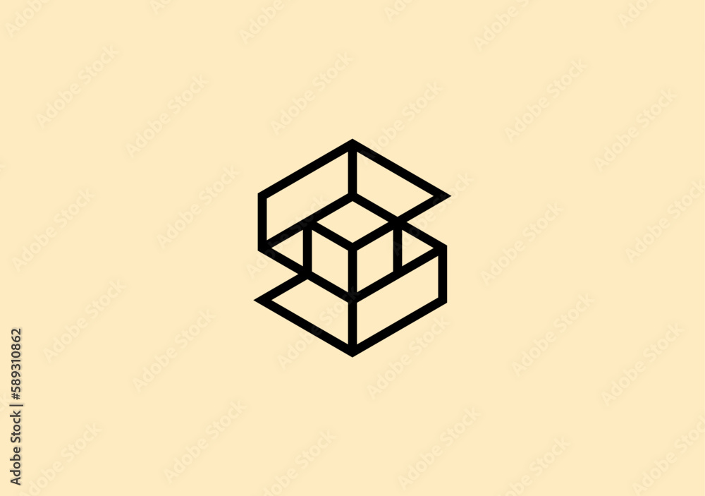 Line design letter S with a cube symbol in the middle Line design letter S with a cube symbol in the middle