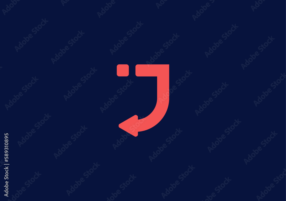 Monogram letter J with left arrow symbol red color Monogram letter J with left arrow symbol red color