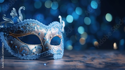 Mystical Masquerade: Traditional Venetian Mask, Blue Glistering Bokeh Lights and the Festive Holiday Event. Generative AI